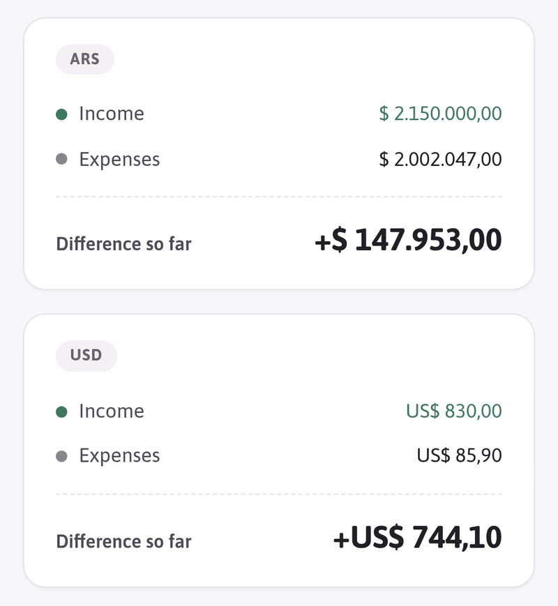 The month’s income, expenses and net in pesos and in dollars, each currency on its own