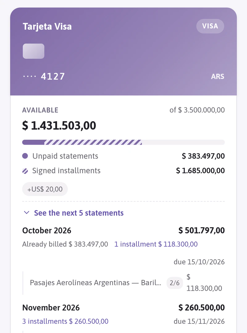 A card in Budgy with its available limit and the installments of the next statements