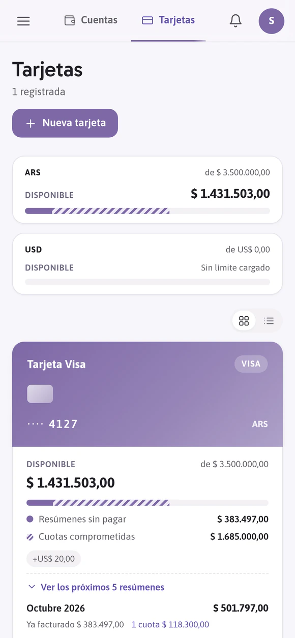 Pantalla de tarjetas de Budgy: el disponible de la tarjeta, lo que ocupan los resúmenes sin pagar y las cuotas comprometidas