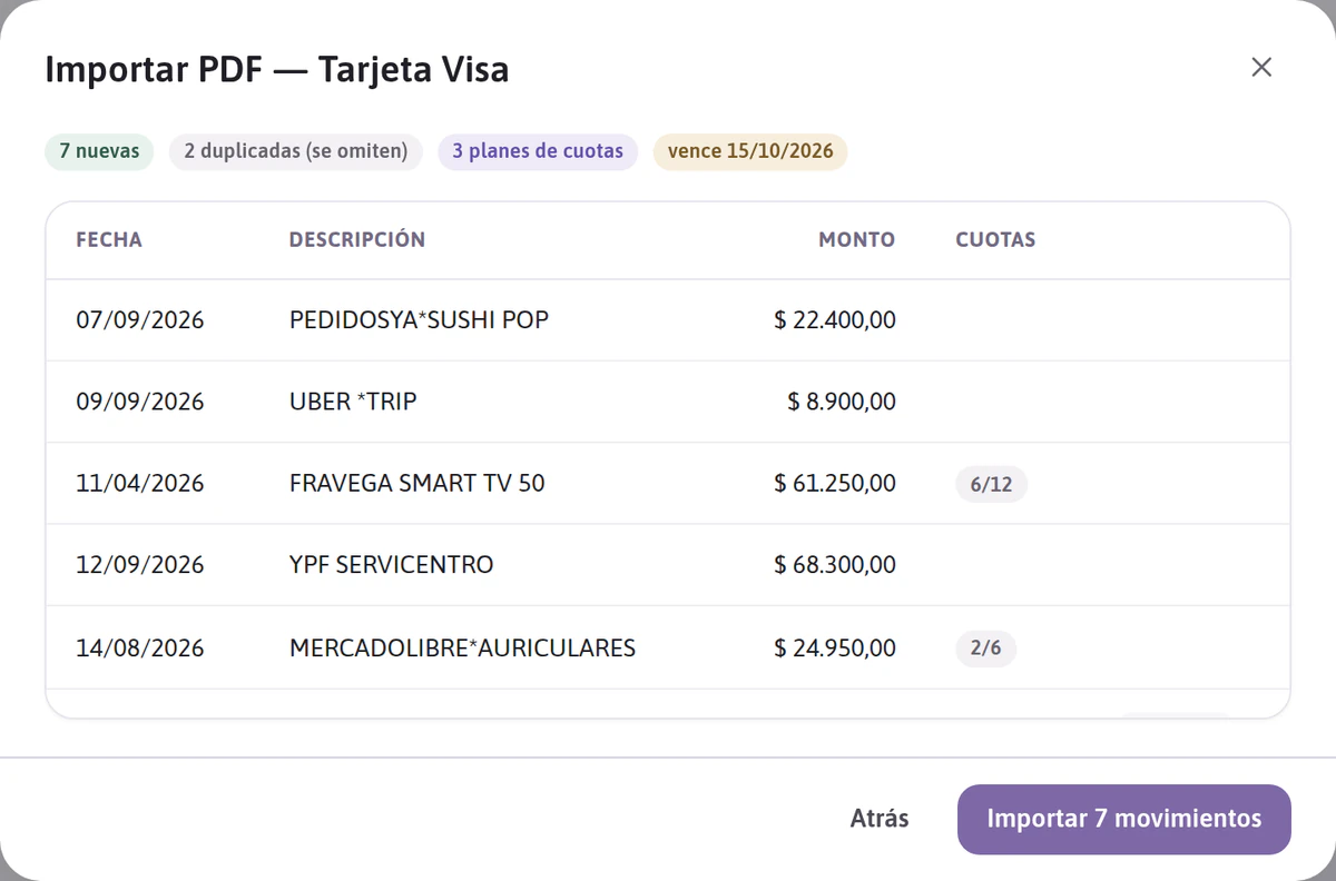 Vista previa de un resumen importado: cada movimiento con su monto y su cuota, como «6/12», y los duplicados omitidos