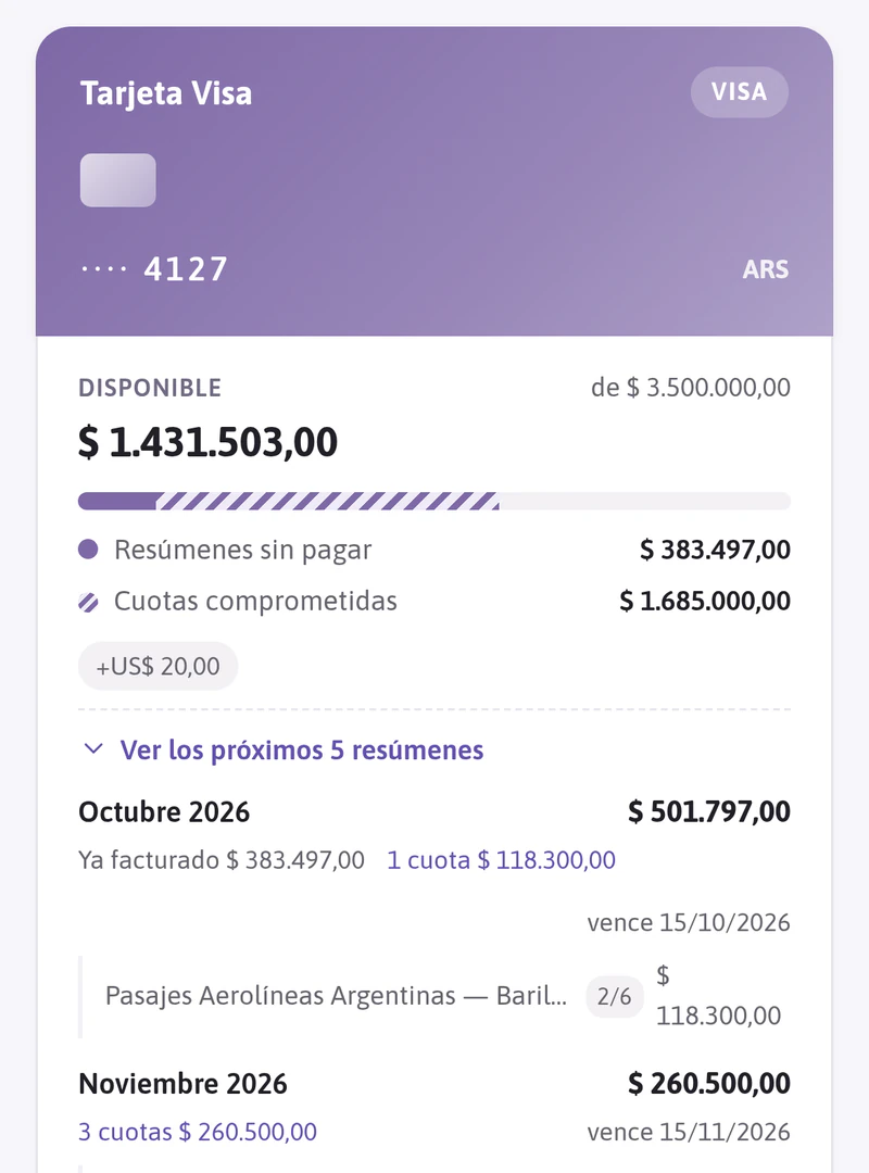Tarjeta en Budgy con el disponible y las cuotas de los próximos resúmenes