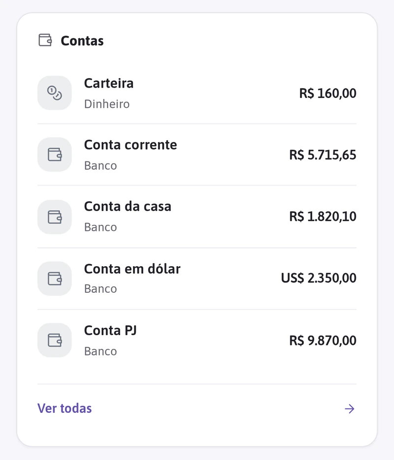 Contas no Budgy com o saldo de cada uma: a conta em dólar fica em dólar