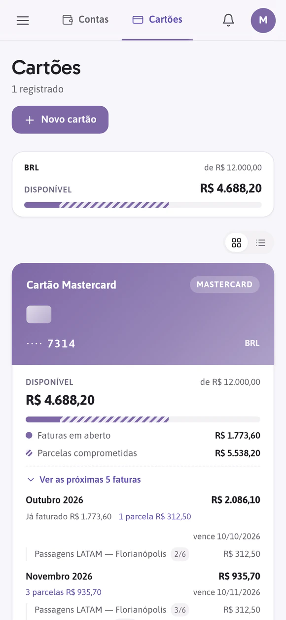 Tela de cartões do Budgy: o limite disponível do cartão, o que ocupam as faturas em aberto e as parcelas comprometidas